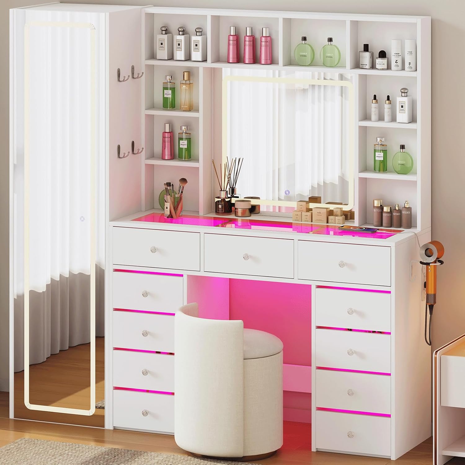 Full Length Mirror Vanity Desk and Lights 3 Colors, Transparent Top with 11 RGB Drawers, 10 Shelves, Full-length mirror with storage shelf, Make Up Vanity with Charging Station Woman, White