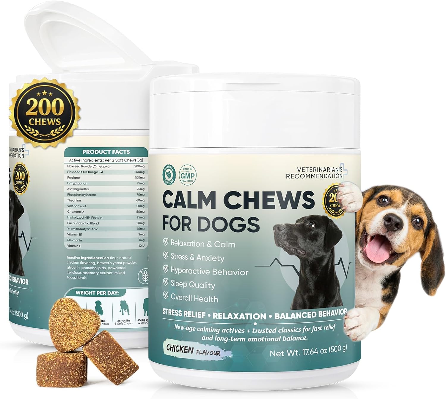 Calming Chews for Dogs-Dog Calming Treats for Fireworks,Thunderstorms,Separation, Travel,Car Rides-Calming Bites for Puppies,Small,Medium,Large Dogs Melatonin,Ashwagandha,L-Tryptophan