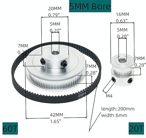 Miniatura 56 de Juego de 2 poleas de sincronización de aluminio 2GT de 20 y 40 dientes, rueda síncrona de 0.197 in de diámetro con 2 correas de longitud de 7.874 in