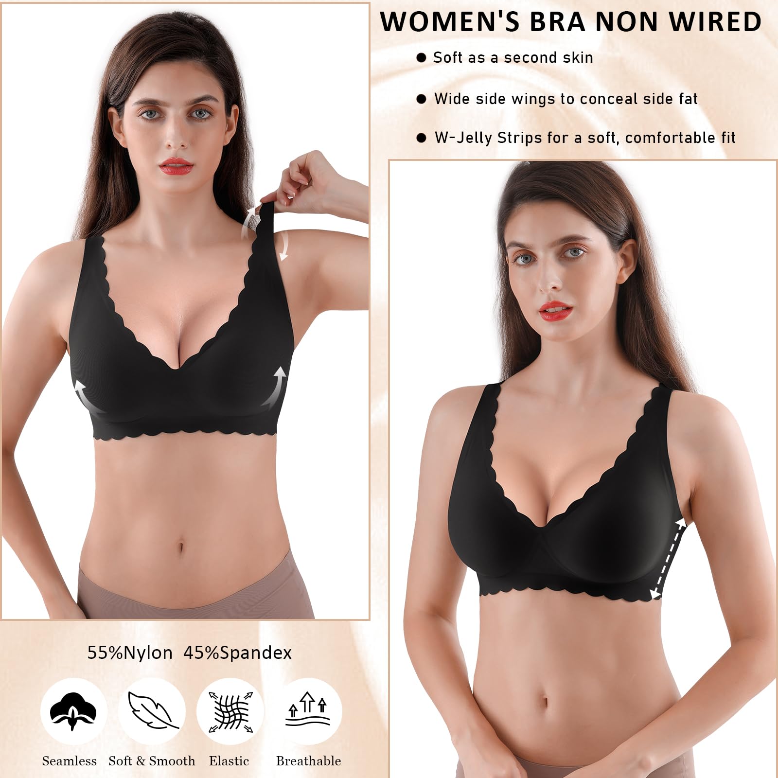 Reggiseni da donna senza cuciture senza ferretto morbidi reggiseni push up reggiseno imbottito senza fili maglietta bralette per dormire supporto confortevole copertura completa, Nero , L