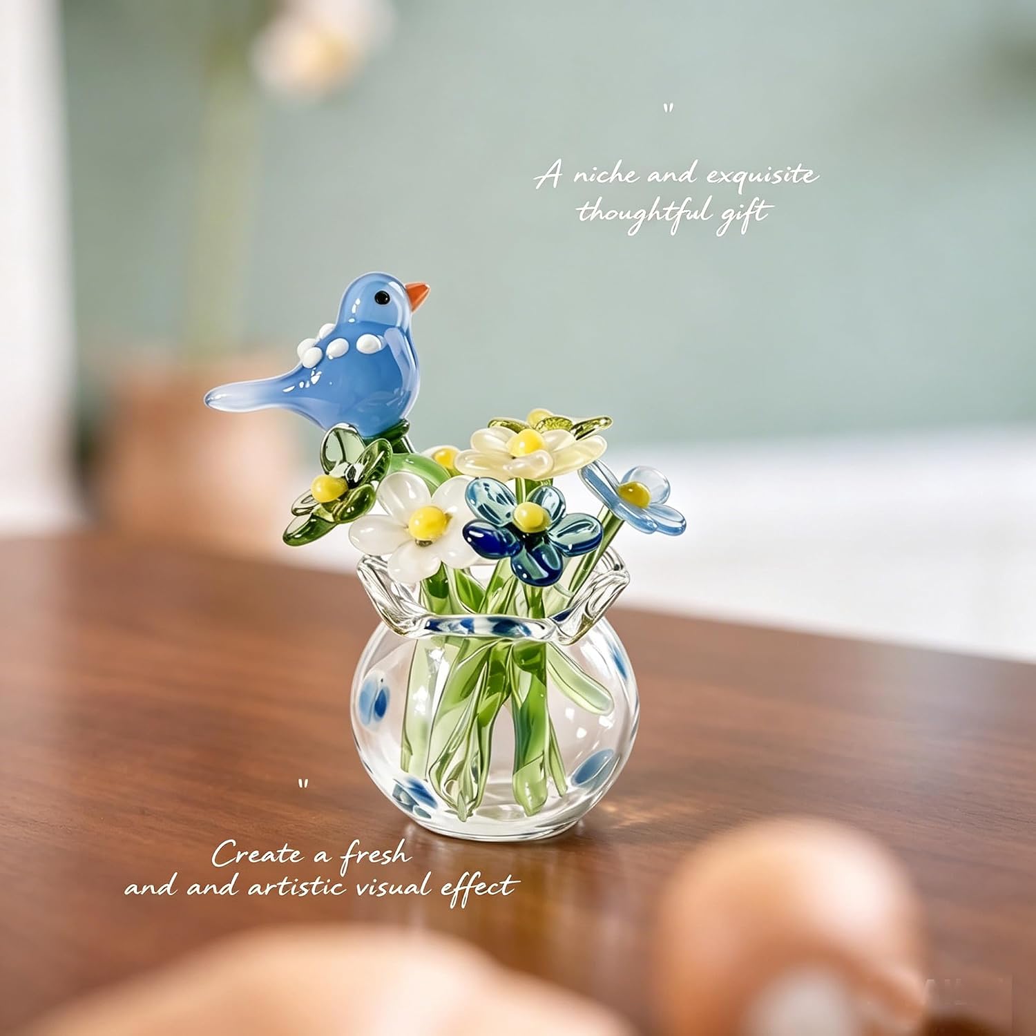 Hand-Blown Glass Flower and Bird Figurine, Mini Vase Decorative Set, Artisan Craft, Calming Tabletop Accent, Wedding Favor, Home Office Decor, Ideal Gift for Ladies & Mothers (Blue Jade Bird) image 4
