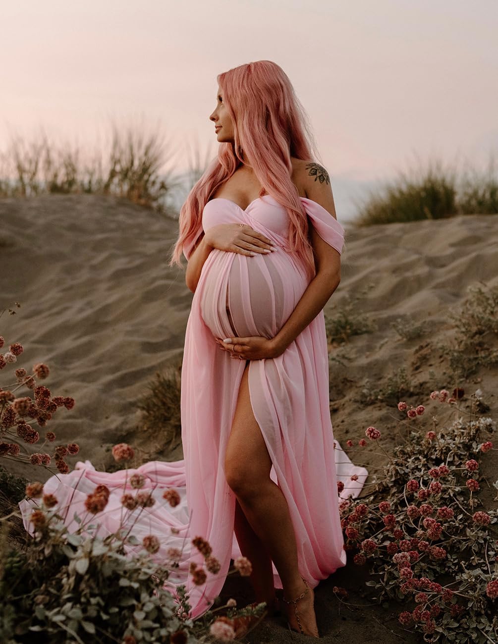 ZIUMUDY Maternity Dress for Photoshoot Photography Split Front Sheer Chiffon Off Shoulder Maternity Gown