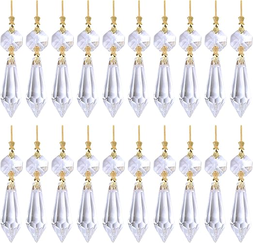 BronaGrand 20 Pieces Replacement Clear Chandelier Icicle Crystal Prisms Octogan Crystal Bead for Lamp Decoration,38mm,Gold Bow Tie Connectors