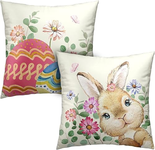 Juego de 2 fundas de almohada de Pascua de conejo de 18 x 18 pulgadas, fundas de almohada de flores rojas coloridas, fundas de almohada de huevo de
