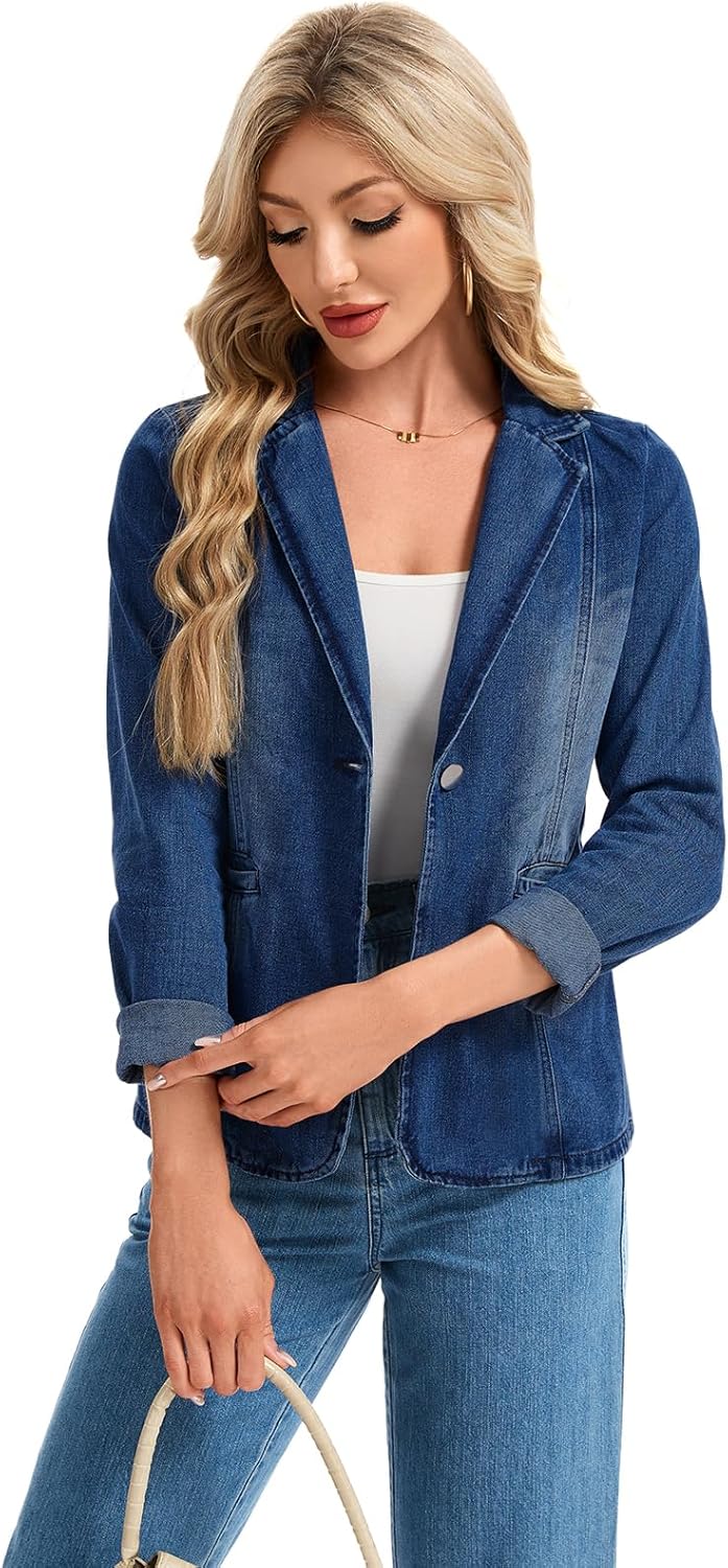 Womens Denim Jackets Long Sleeve Lapel Button Slim Office Pocket Washed Business Jean Jacket - Image 4