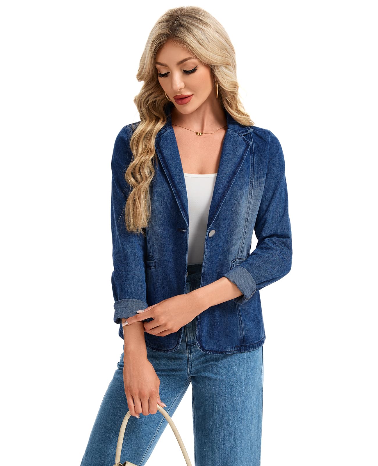 Blazer da donna in denim classico con risvolto tacca un bottone manica lunga slim ufficio denim giacca di jeans