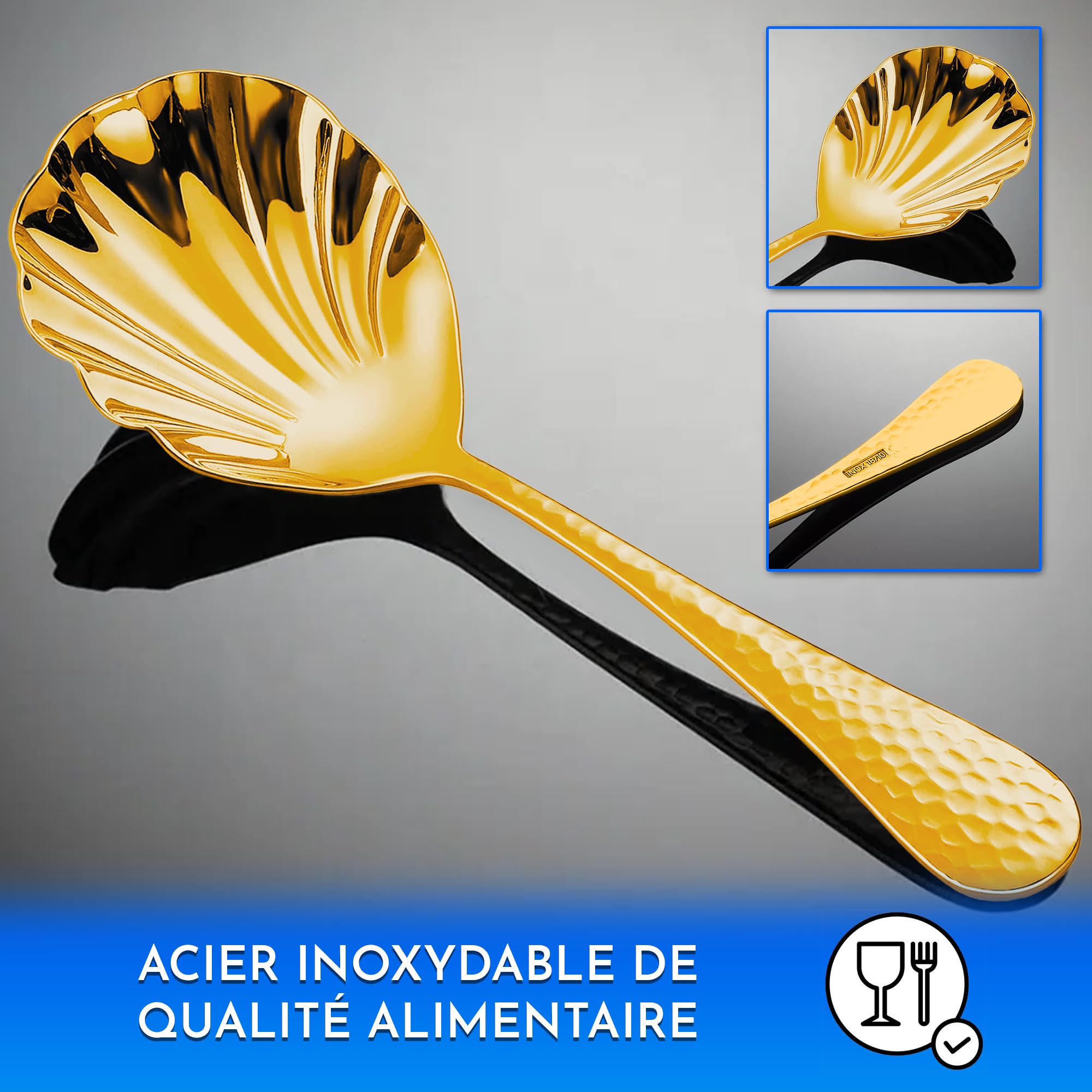 Cuillère De Service En Acier Inoxydable Doré - Grand Modèle Pour Buffet, Restaurant, Réceptions - Prise En Main Ergonomique