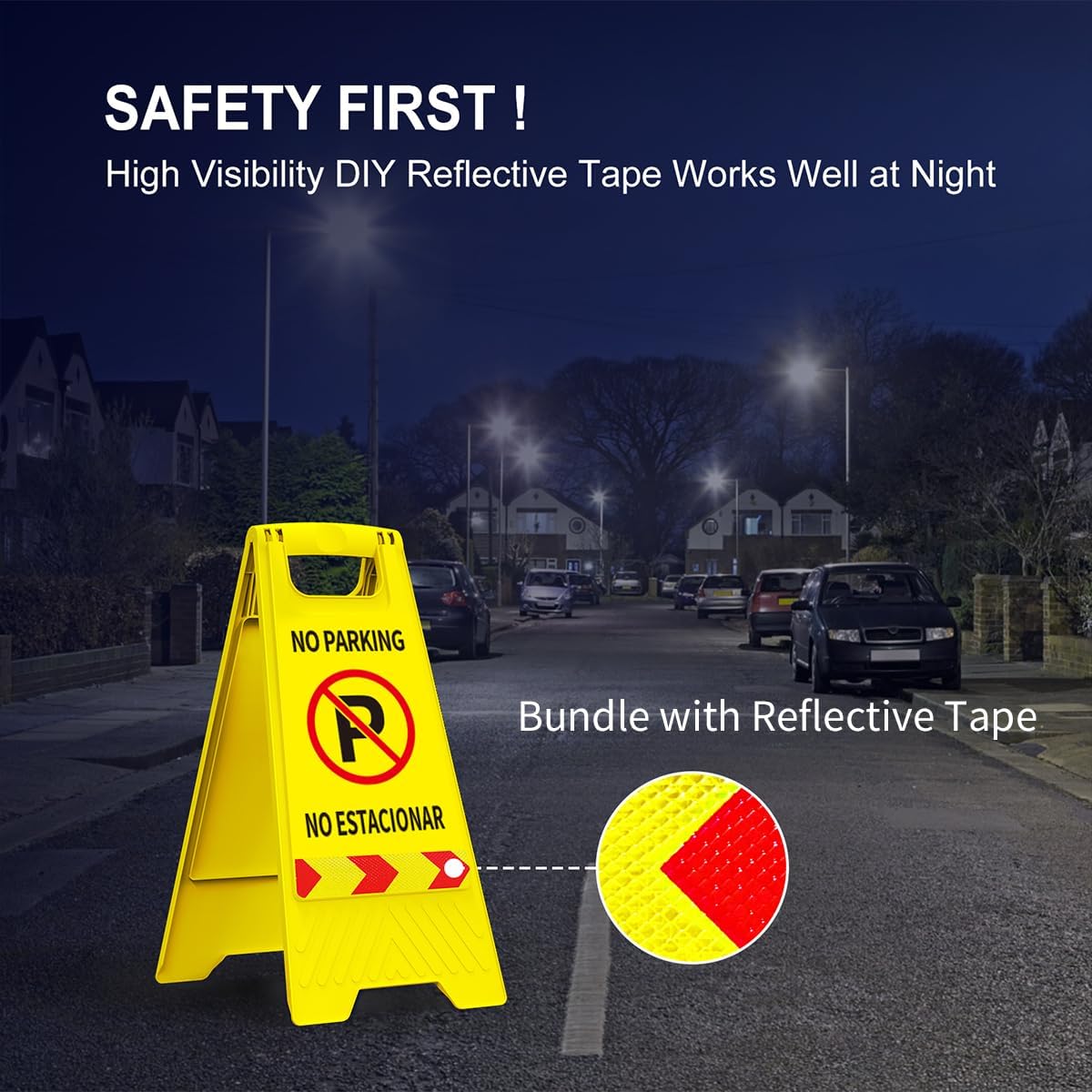 No Parking Signs, 2 Pack No Parking Signs with Reflective Tape, 17.5" Height Double-Sided English & Spanish Text and Graphics Easier to Identify, Portable Folding Bright Yellow Warning Sign for Commercial Use