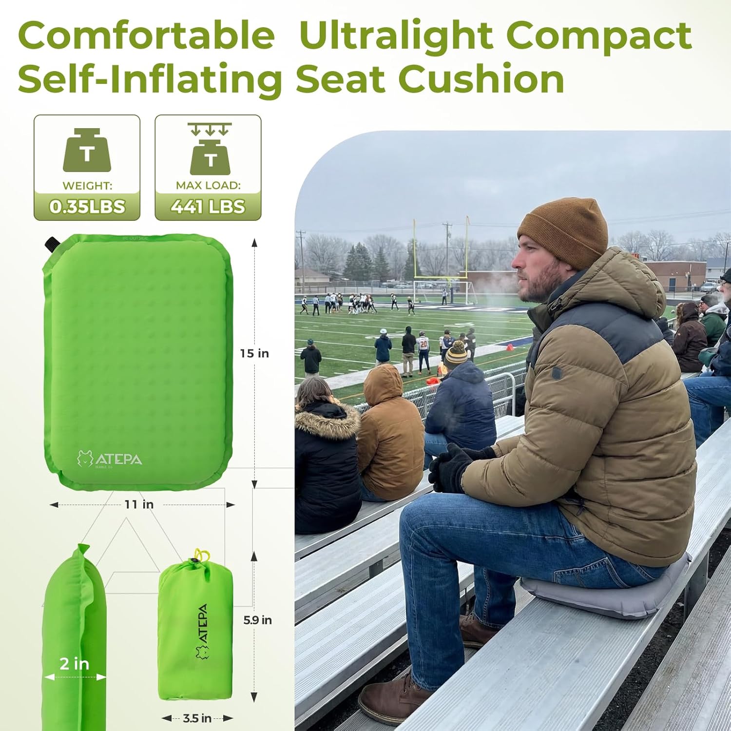 ATEPA Inflatable Seat Cushion, Self-Inflating Portable Stadium Airplane Travel Foam Cushion Pad for Camping, Sports Events, Outdoor