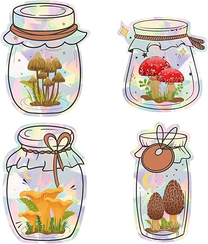 AHANDMAKER 4 adhesivos láser para ventana, adhesivos estáticos, patrón de frascos de hongos, calcomanías electrostáticas para ventana, calcomanías