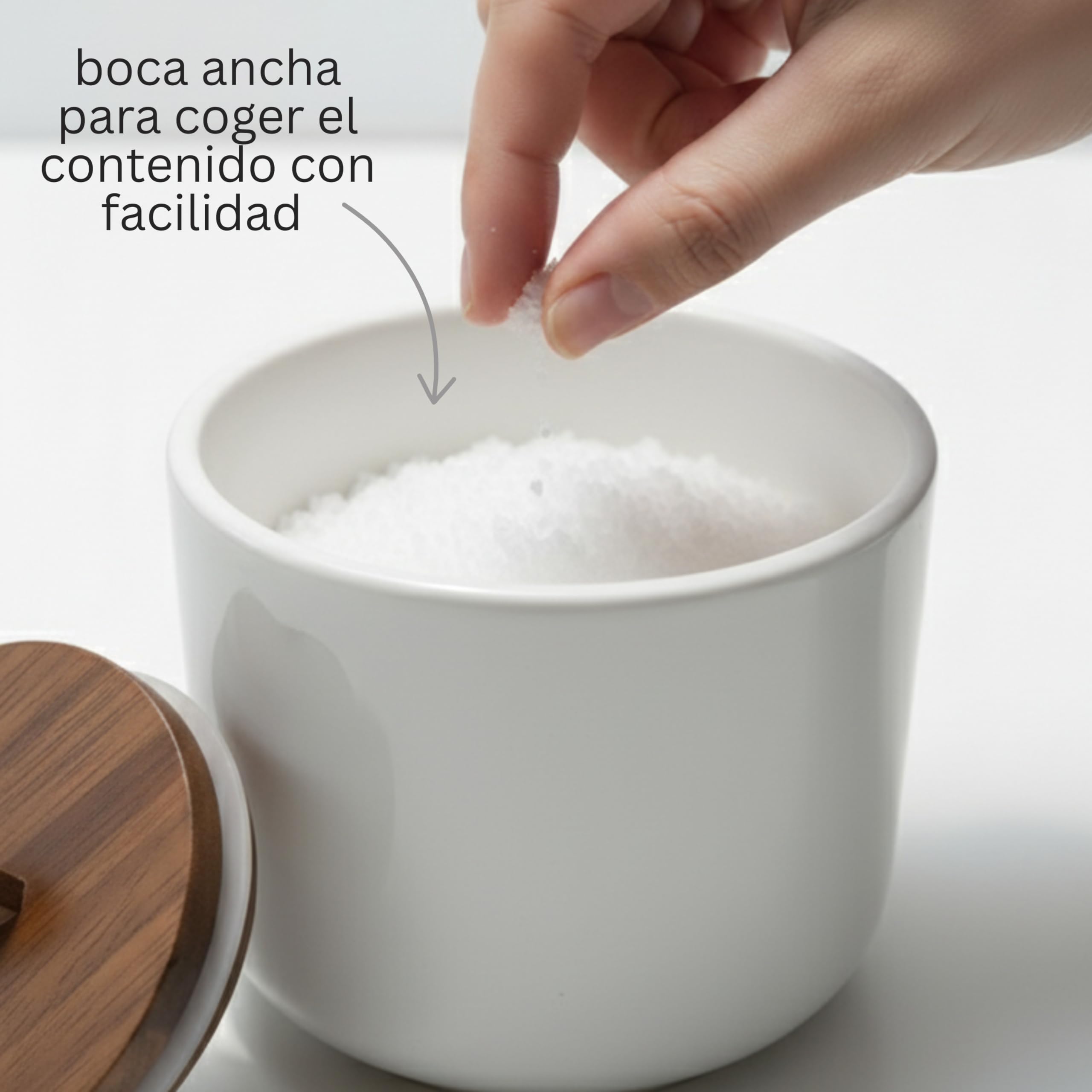 Salero de Cocina de Cerámica CURVE - Bote Hermético con Tapa de Madera de Acacia. Tarro Multiusos para Sal, Azúcar o Especias. Diseño Nórdico Moderno. 11.5 x 12 cm. - Blanco - 3