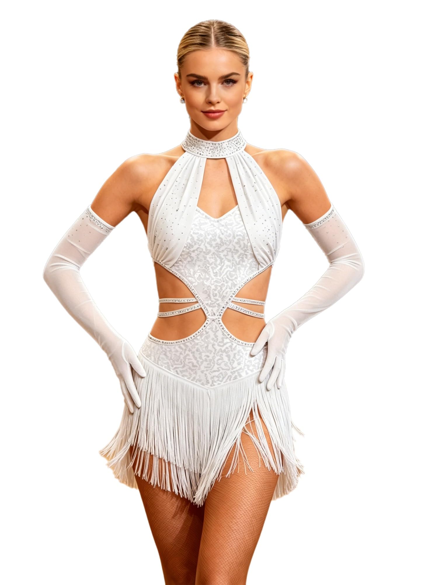 Yhong Donna Danza Sala Salsa Latina Vestito Ballo Spettacolo Guanti da Danza in Maglia Abito da Ballo Salsa Vestito Spettacolo Latino Festa