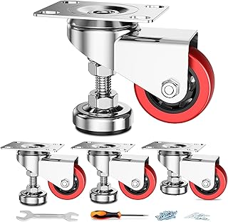 COOWOO 3" Leveling Plate Caster Wheels with Adjustable Anti-Vibration Leveling Foot Pad Heavy Duty Swivel casters for Workbench, Machine Equipment, Furniture Red Set of 4 Total Capacity 1800 Lbs
