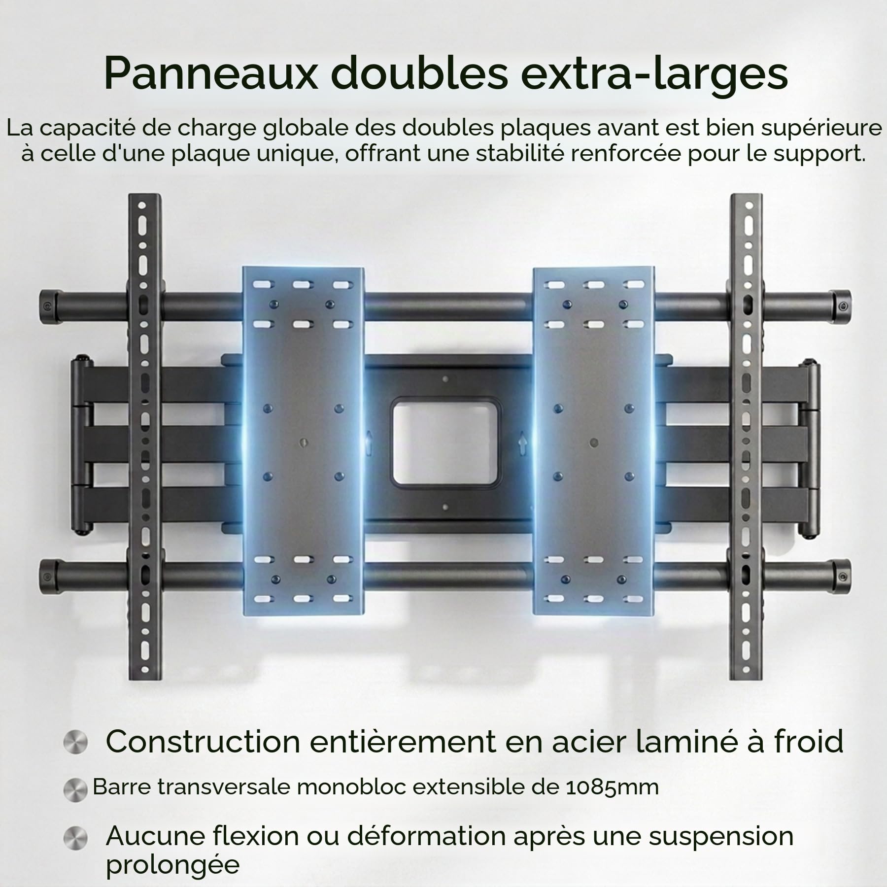 Support TV Mural Double Plaque 75-120 Pouces,130kg,VESA 1000×600 | Fixation Murale avec Double Bras, coulissant, orientable et inclinable, arbre en acier de précision, très résistant et stable