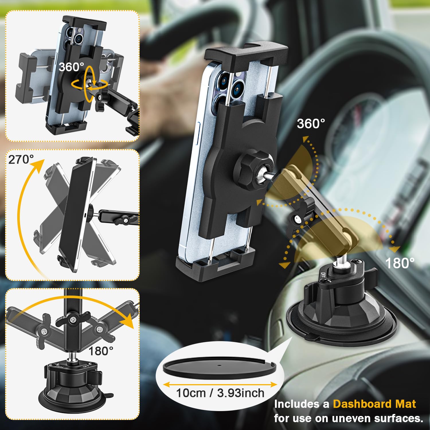 Soporte Tablet Coche con Ventosa Ultra Fuerte - Montaje en Salpicadero y Parabrisas, Metálico Soporte Camión Vehículo Compatible con iPad Pro/Air/Mini, Galaxy Tab/Z Fold, Kindle Fire, Móvils, 4-13"