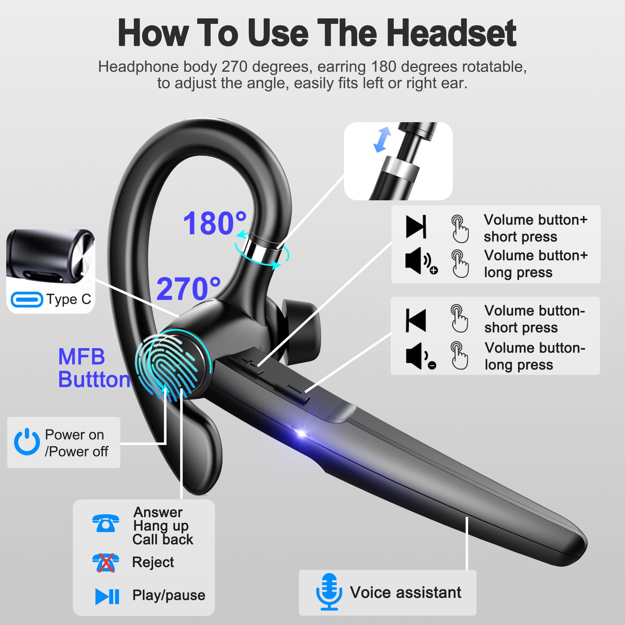 Écouteur Bluetooth V5.3 Mains Libres avec Microphone, autonomie Extensible jusqu'à 60 Heures, oreillette sans Fil Unique avec étui de Chargement LED, Noir