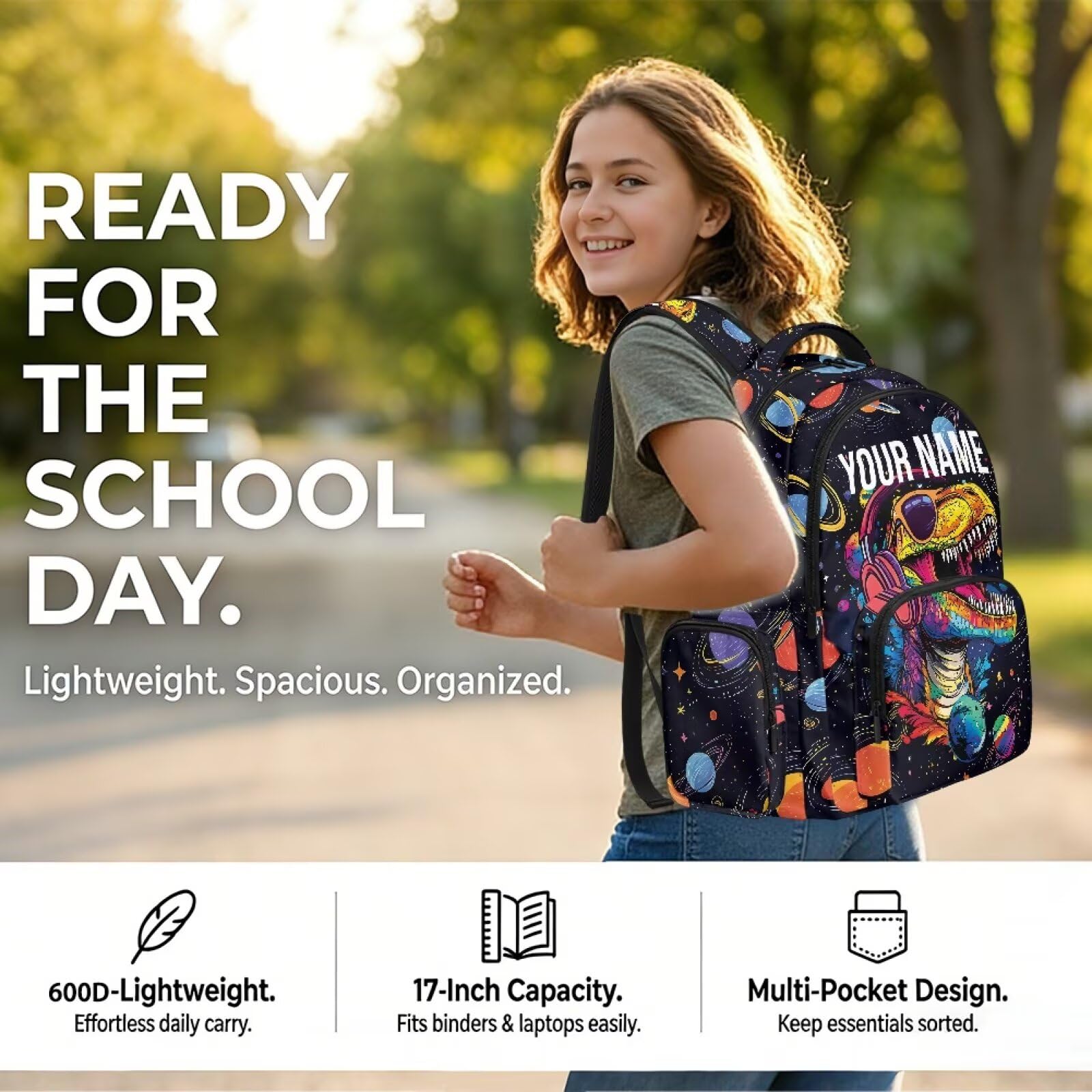 Mochila personalizada para niños con nombre, mochila escolar de 17 pulgadas, Dinosaurio divertido, L, Casual