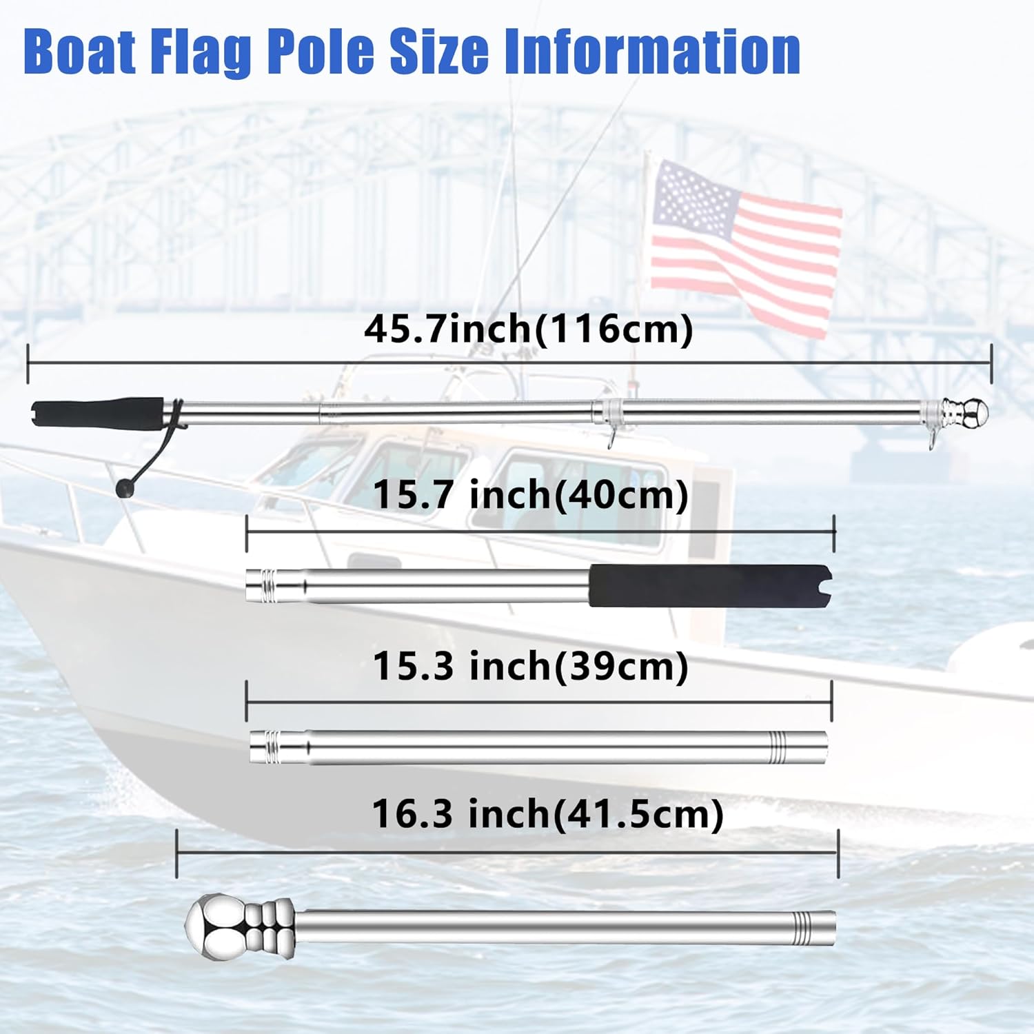 Universal Boat Flag Pole with 16" x 24" American Flag,4 Foot Stainless Steel Pontoon Boat Flag,Thick Wall Flag Pole,with EVA Foam Grip and Bungee Cord Retainer - Image 3