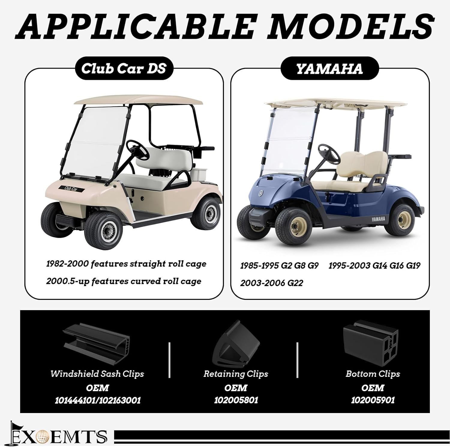 Club Car Windshield Retaining Clip Kit, Golf Cart Windshield Mounting Sash Short Clip for Club Car DS 1982-2000 & 2005-up/YAMAHA, Fit 1"x1" Struts Tube, PVC, Replace OEM# 101444101 102005801