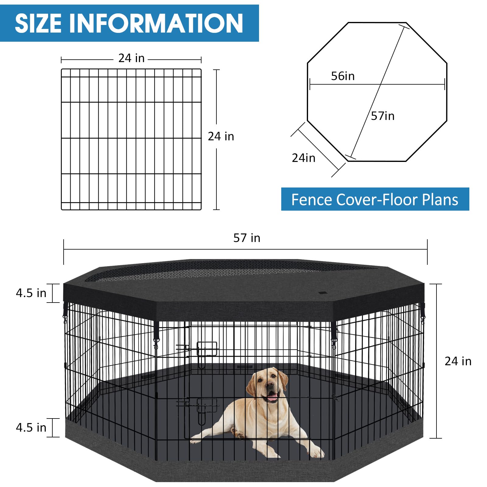 Recinzione pieghevole in filo metallico per cani e animali domestici, per interni ed esterni, con cuscinetto inferiore e copertura superiore (nero 24 copertura superiore inferiore)