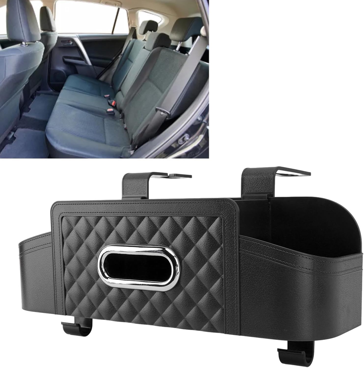 Car Seat Storage Case, Convenient Backseat Storage Box Large Capacity Car Back Seat Organizer with Cup Holder, Hooks, Tray for Car Travel (Black)