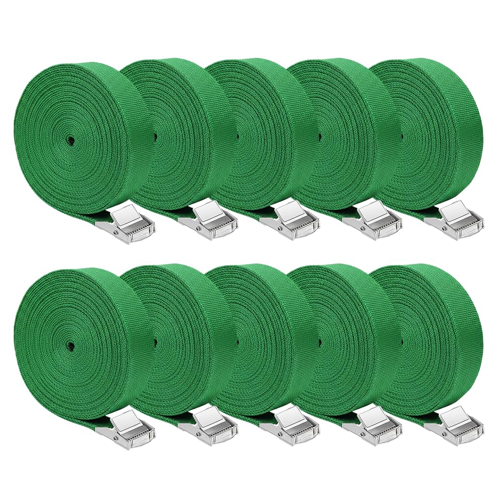 Correa de Amarre 2,5m x 2,5cm 10uds, Eslingas con Carraca Cincha de Amarre Ajustable para Portaequipajes, Portabicicletas, Coche, Motocicleta, etc. (Verde)