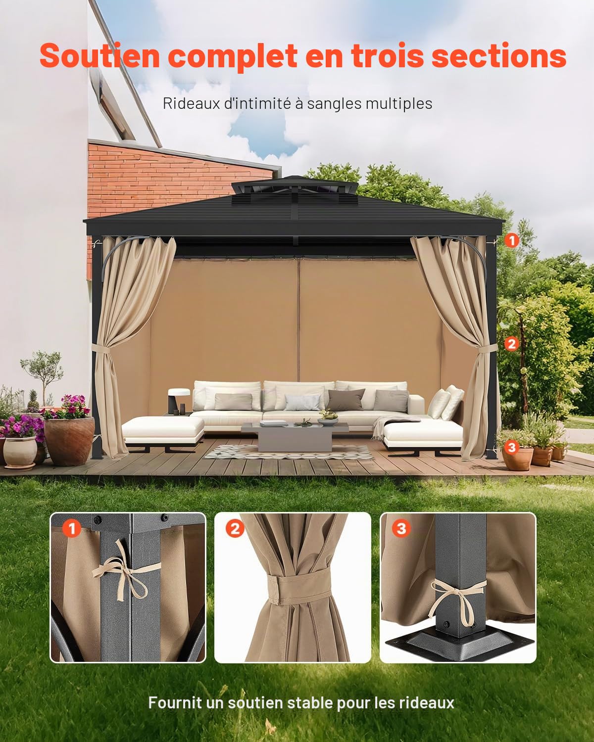 VEVOR Rideau d'Intimité pour Tonnelle Extérieur, 281x373x213 cm, Rideaux Pare-Soleil Universel Polyester Imperméable de Remplacement, avec Fermeture Éclair, pour Auvent Patio, Rideau Uniquement, Kaki