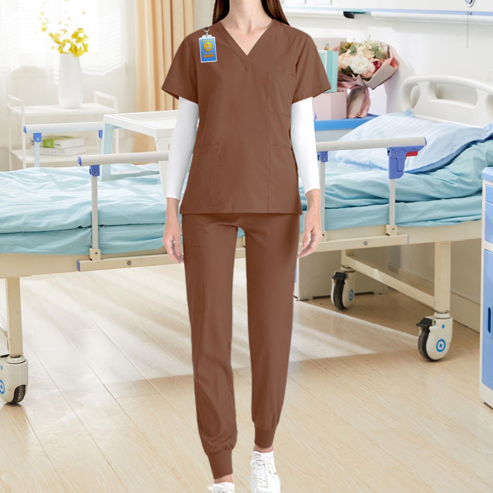 Pflegeuniform Damen Berufsbekleidung Arbeitsanzug Oberteil Hose Polyester Leicht mit Kurzarm Und Hosentaschen für Personal Tierpfleger W, braun, xl
