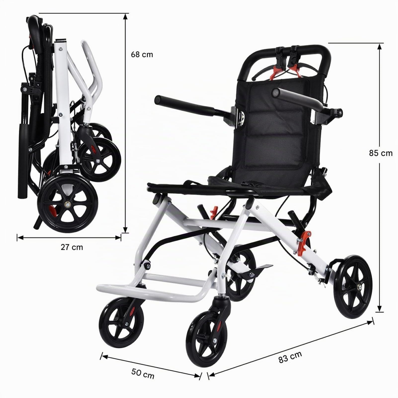 Silla de ruedas plegable ultraligera, portátil de viaje, capacidad de carga de 100 kg, aleación de acero al carbono, silla de ruedas con manillar giratorio de 360°, solo 8,2 kg, ideal para