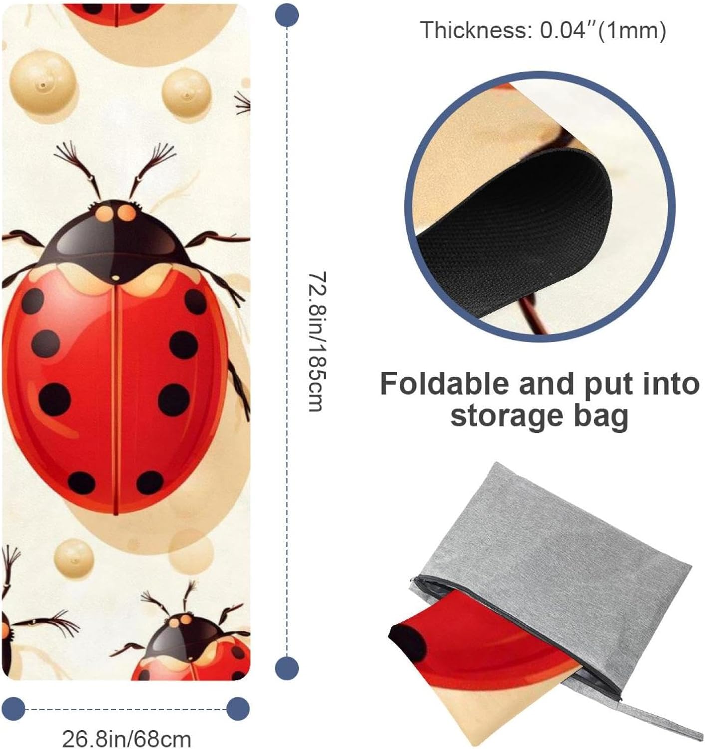 Yoga Towel, Ladybug Pattern Non Slip Sweat Absorbent Hot Yoga Mat Towel for Hot Yoga, Pilates and Fitness - 72.8" x 26.8"