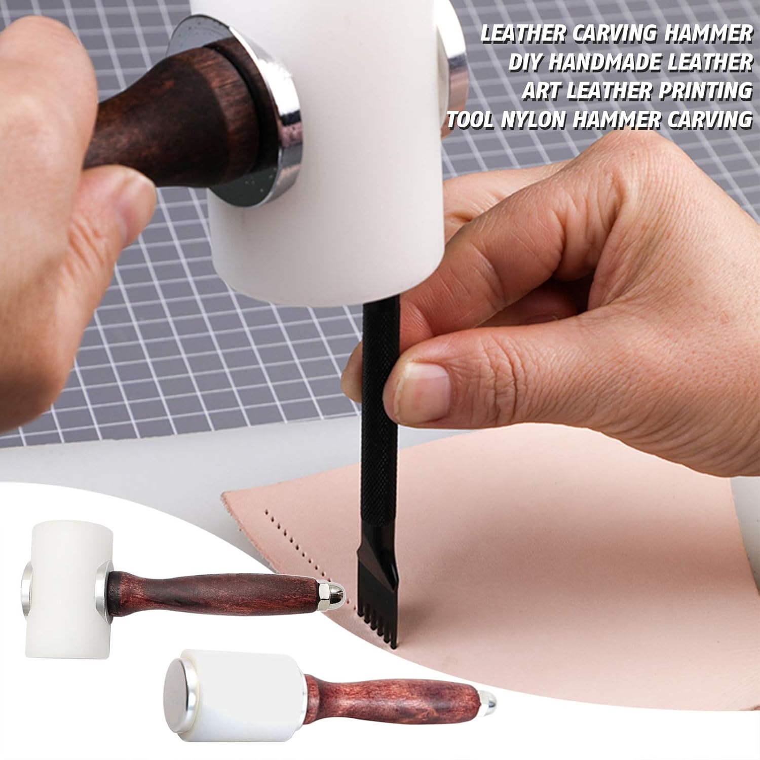 Leather Carving Nylon Hammer Durable DIY Handmade Leather Printing Tools Professional T Head/Straight Head Leathercraft Accessories Hole Punchiing Tools with Comfortable Wood Handle