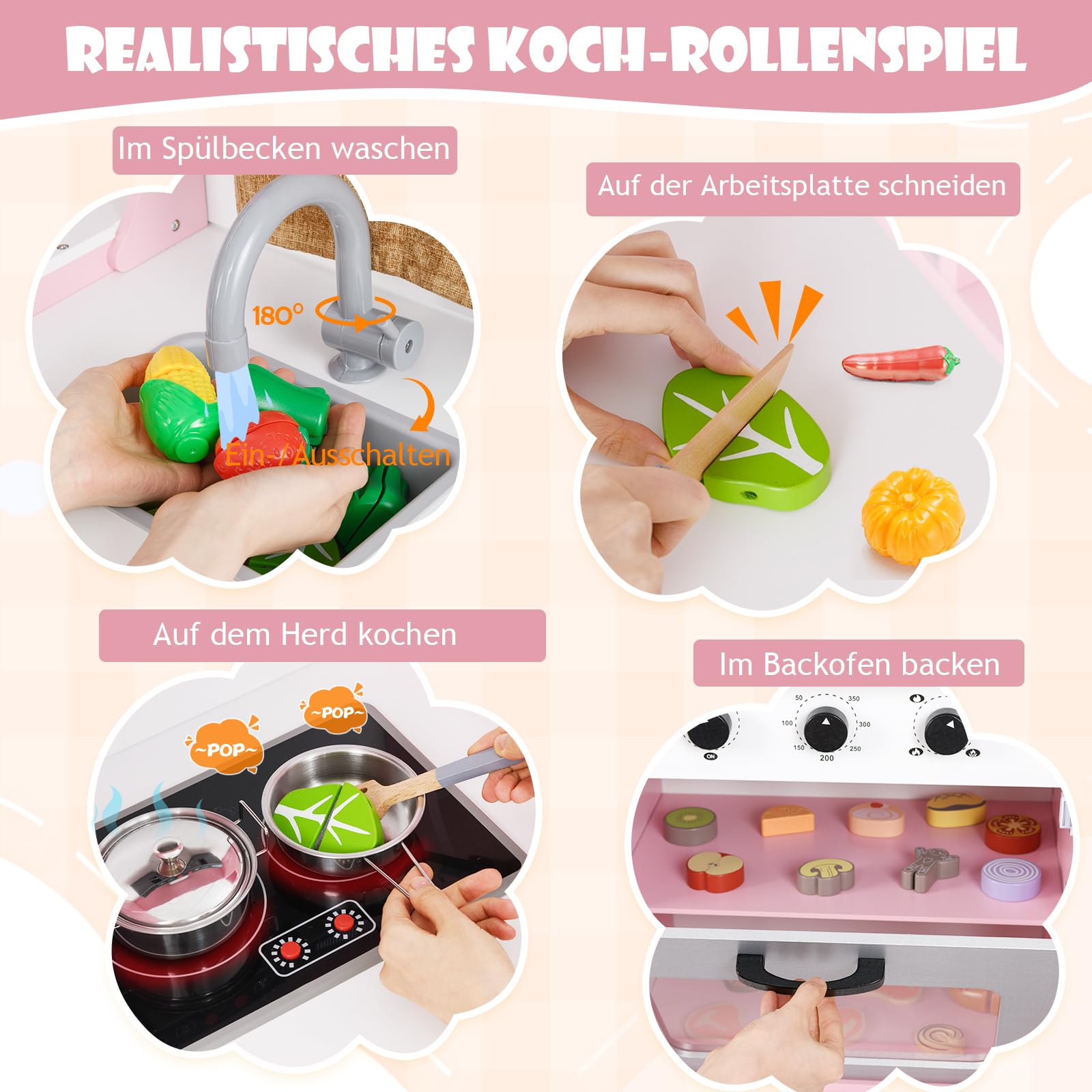 DREAMADE Kinderküche mit Licht und Sound, Kinder Küche Eckküche aus Holz mit Herd Spüle Backofen Waschmaschiene, Spielküche mit 14 TLG. Spielzubehör für Kinder ab 3 Jahren (Rosa)