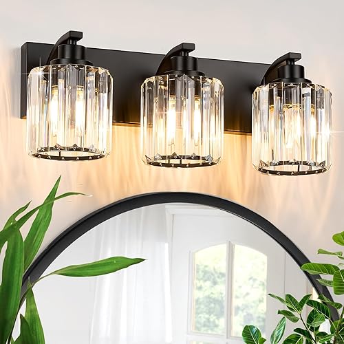 3 luces de cristal para tocador de baño, moderna lámpara de baño negra sobre espejo, luces de tocador para dormitorio, baño, pasillo, base E27