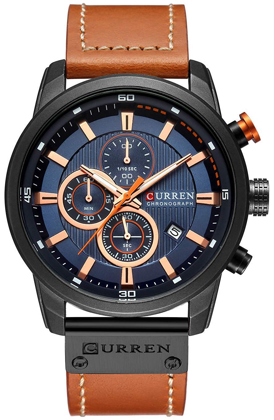 CURREN Mens Leather Strap Watches Classic Casual Dress Stainless Steel Waterproof Chronograph Date Analog Quartz Watch, Black Blue, Sports (B07WDTB98L) Amazon Price History, Amazon Price Tracker