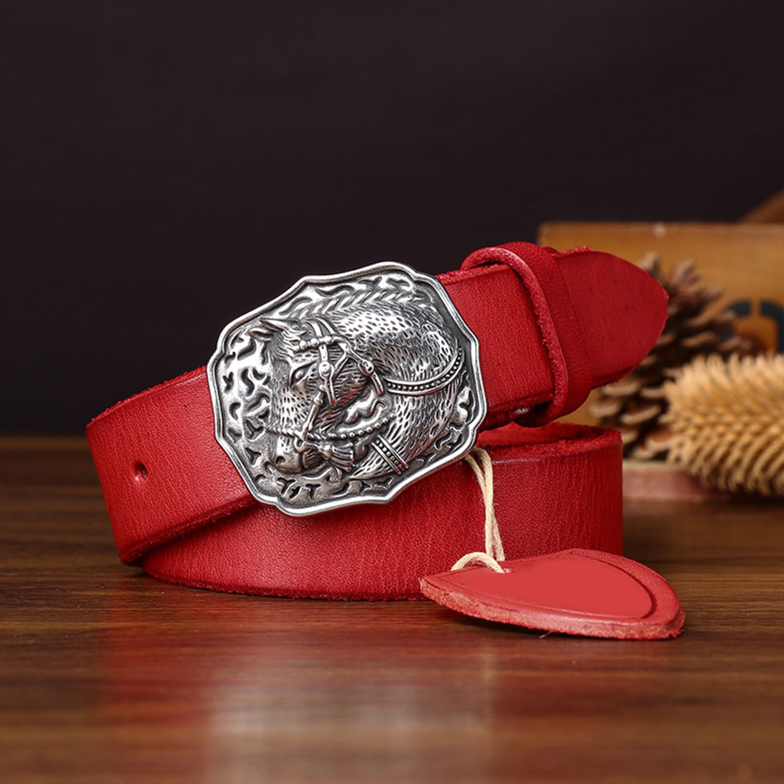 Cintura da Uomo Donna,Cintura da Cowboy Western con Fibbia Incisa Vintage,Cintura Casual Donna,Cintura in Vera Pelle,Cintura da Cowgirl Occidentale per Jeans Pantaloni,Rosso,100CM/39.4''