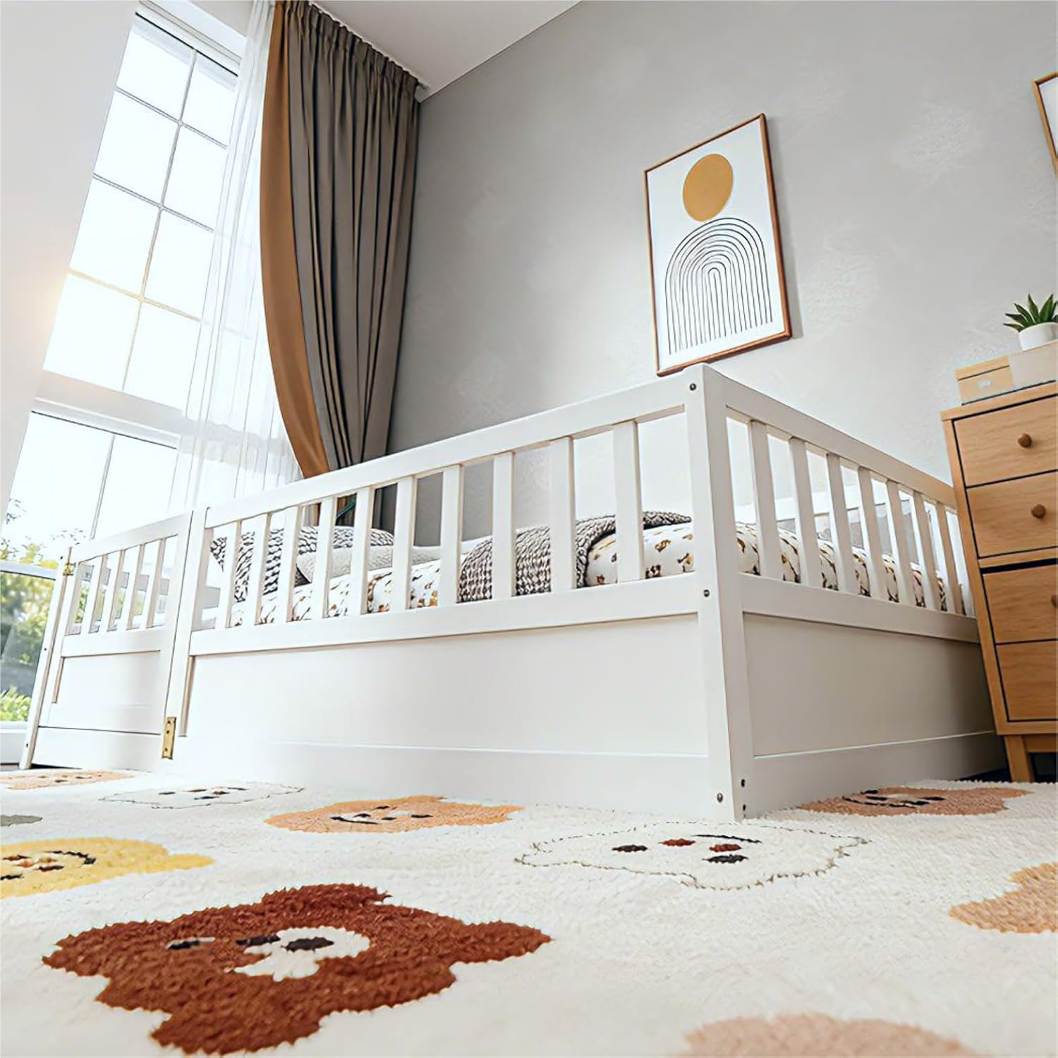Bellemave Twin Montessori Floor Bed with 21.4" High Guardrails & Door, Wooden Twin Floor Bed Frame for Kids, Low Profile Twin Size Floor Bed Frame for Bedroom, Nursery, No Slats, White
