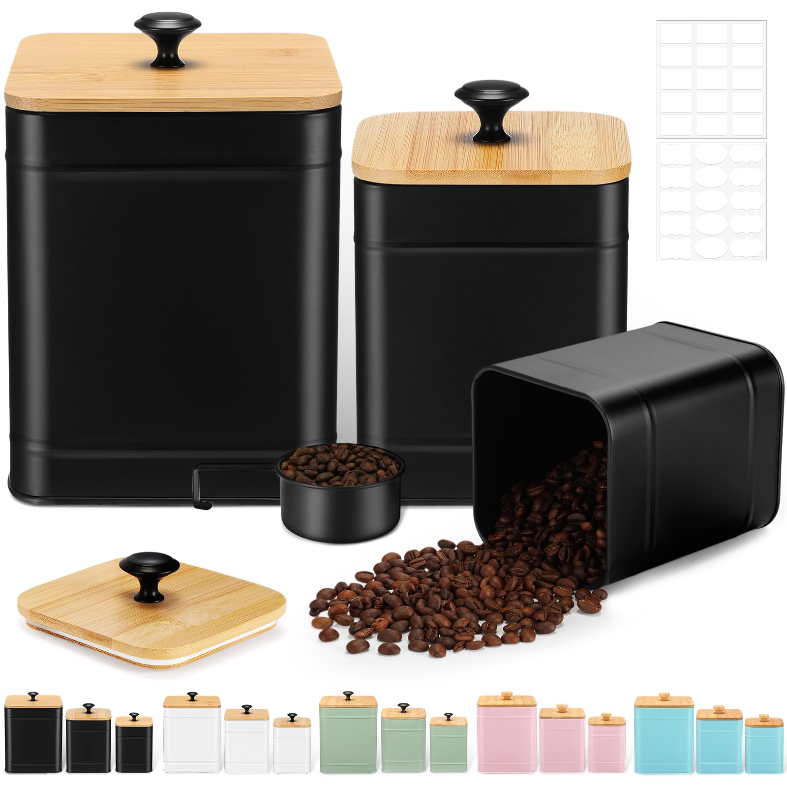 Tioncy 3 barattoli da cucina in metallo con coperchio in bambù, cucchiaio, ermetici, ad alta capacità, per caffè, tè, zucchero, farina, con etichette fai da te, contenitori extra large (nero)