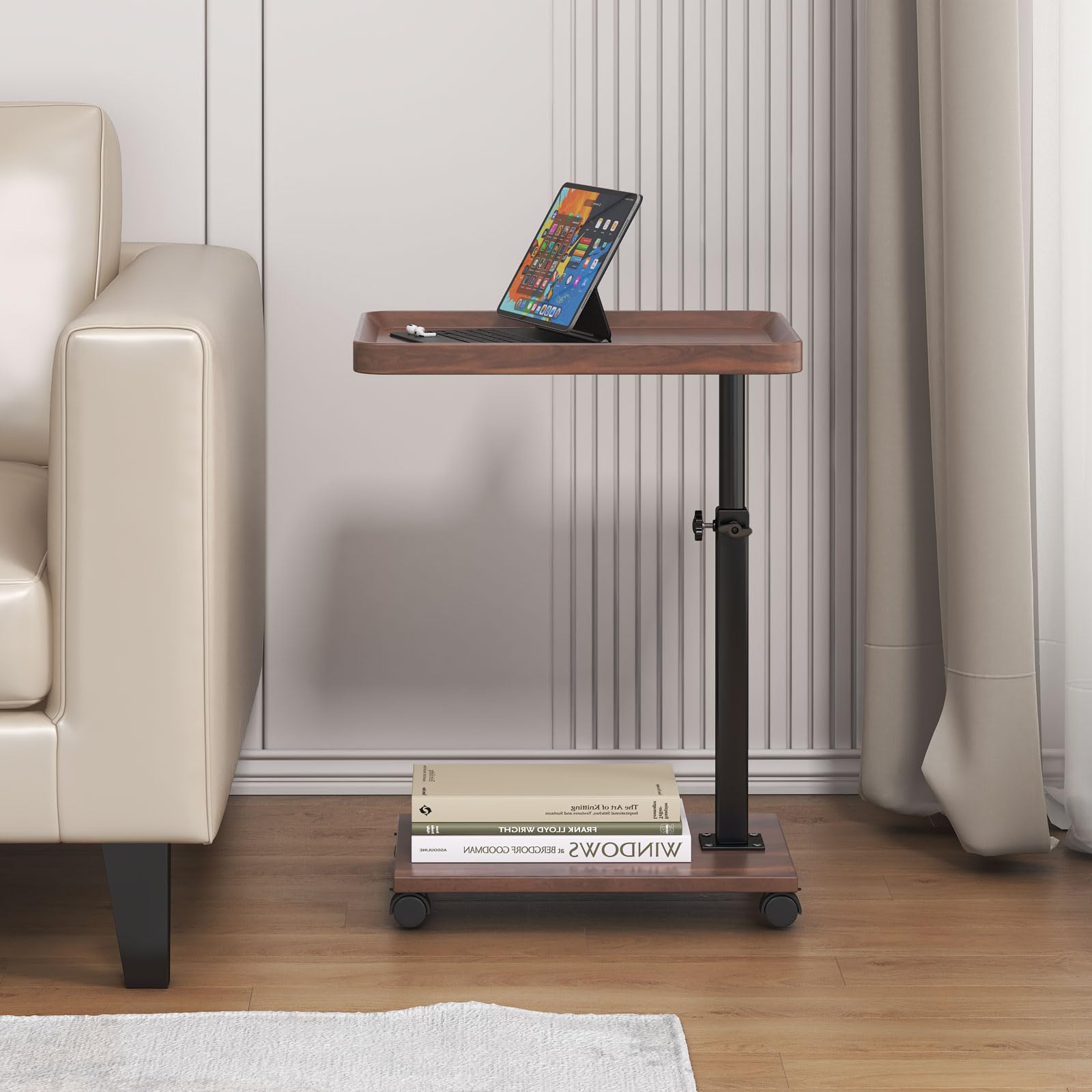 Tavolino a forma di C regolabile in altezza con ruote, rotazione a 360°, tavolino in legno, tavolino mobile per divano, letto, tavolino moderno per salotto (quadrato)