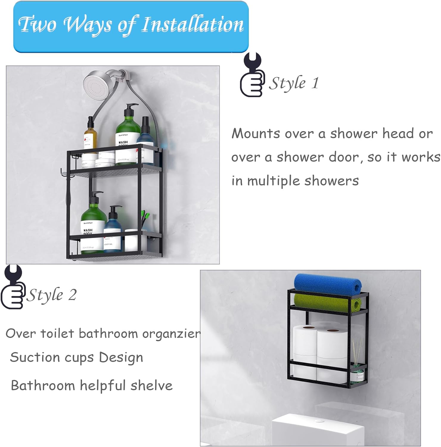 Meangood Shower Caddy, 10.4" x 4.5" x 22.04" Hanging Shower Caddy Organizer Over Shower Head Big Capacity for Shampoo, Conditioner with Hooks for Razor/Sponge, Matte Black