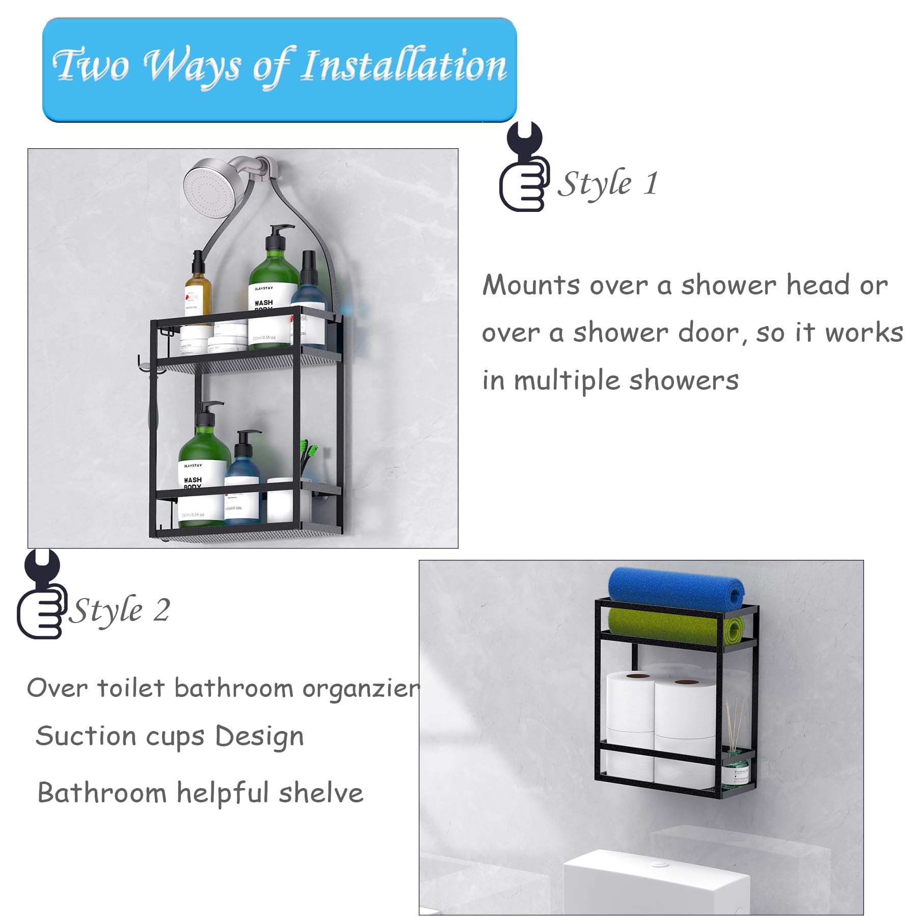 Meangood Organizer per doccia, montaggio su soffione o porta, spazio extra ampio per shampoo, balsamo e sapone con ganci per rasoi e altro, 26,7 x 11,4 x 56,9 cm, nero mentale
