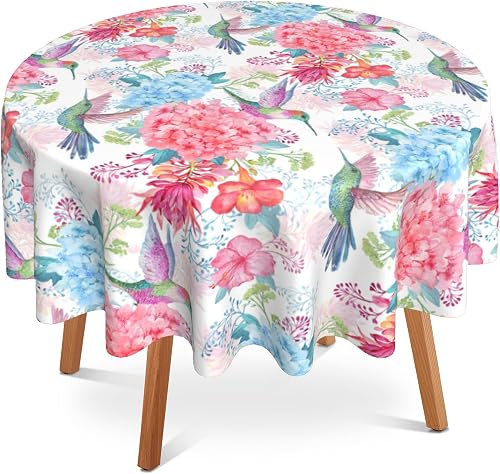 SKYDAWNY Round Tablecloth 60 Inch,Tropical Flowers and Hummingbirds Decorative C