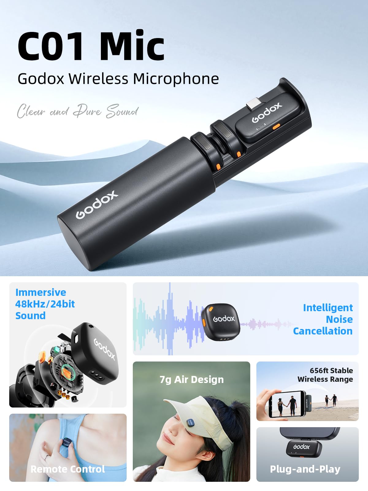 Godox C01 Kit2 Drahtloses Lavalier Mikrofon für iPhone 15/16 & Android, USB C, Intelligente Lärmreduzierung, 48kHz/24bit Audio & 200m Reichweite – für Vlogging, Live Streaming, Interviews