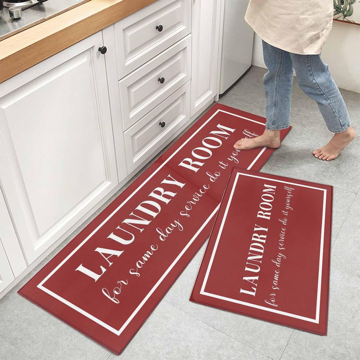 Teamery Kitchen Mats for Floor Laundry Room Words Washable Non Slip Kitchen Rugs 2PCS, Minimalist Red Background Absorbent Standing Mats for Sink Bathroom Office Living Room 15.7x23.6in+15.7x47.2in