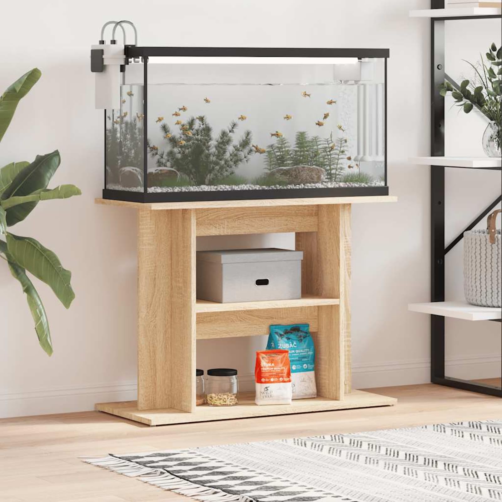 Gecheer Aquarium Stand with Storage, 3-Tier Fish Tank Cabinet Engineered Wood Sonoma Oak 80x35x60 cm for Living Room Home Decoration 833578