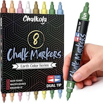 Chalkola 8 Erasable Pastel Dual Tip Chalk Markers for Blackboard Chalkboard