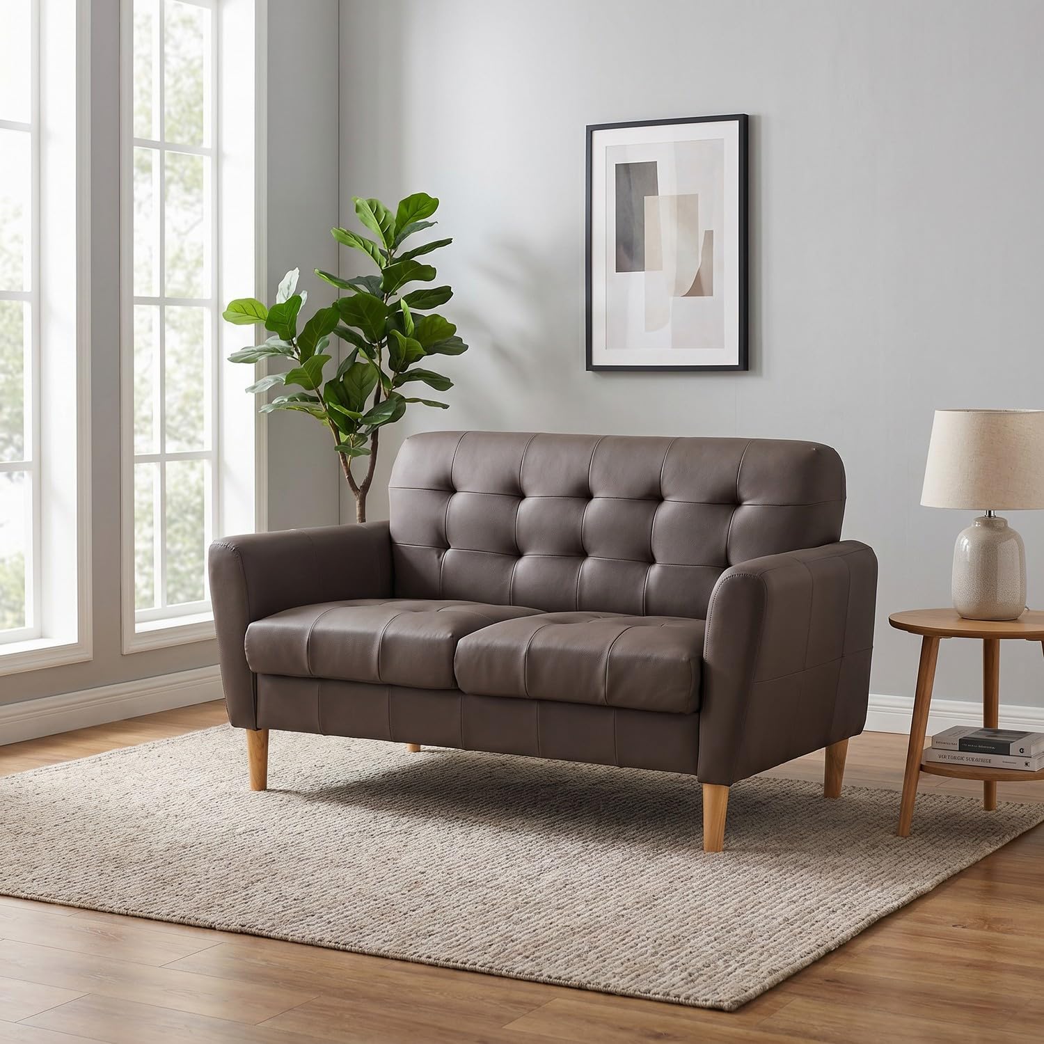 Hroth 2 Seater Faux Leather Sofa with Solid Wood Legs, Brown