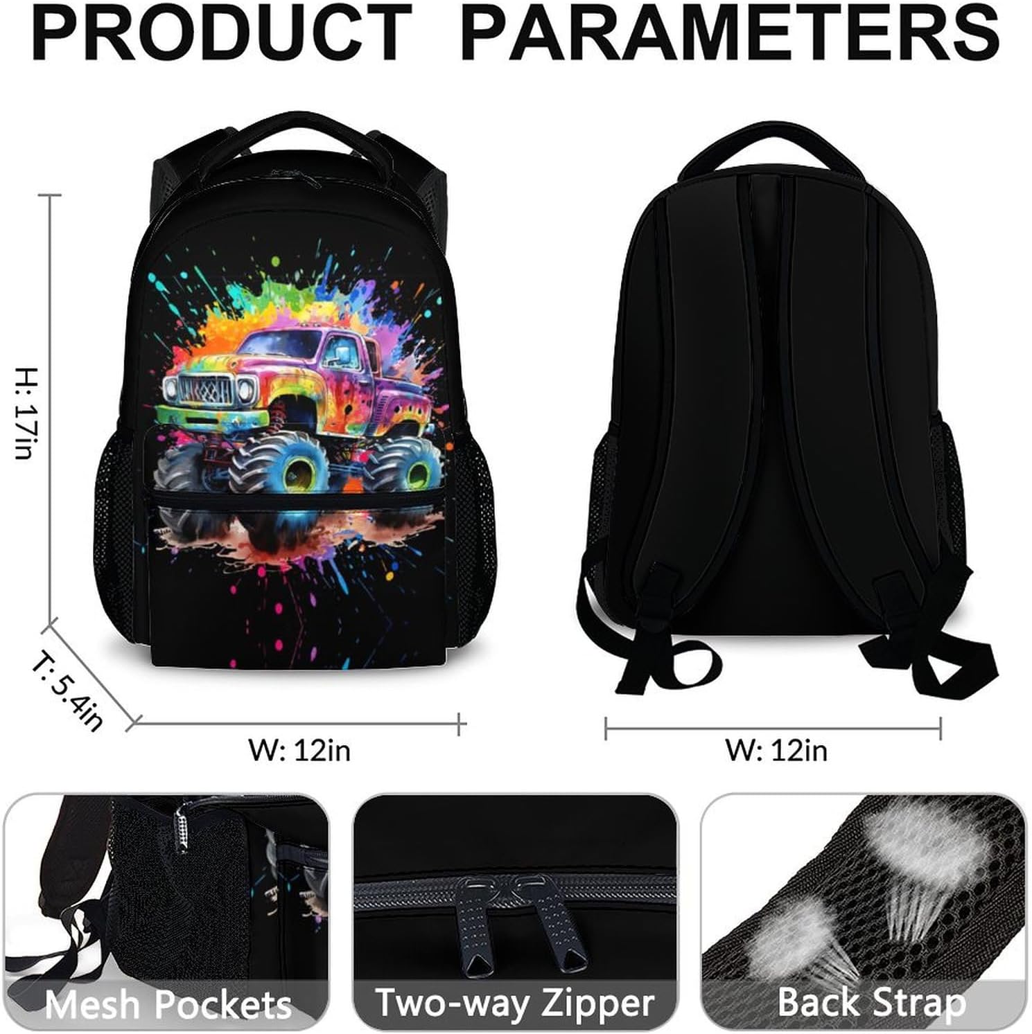 School Backpack for Boys Girls - Cute Truck Backpacks for Kids - 17" Large Capacity Black Lightweight Bookbag for Children, Cool School Supplies for Preschool Elementary