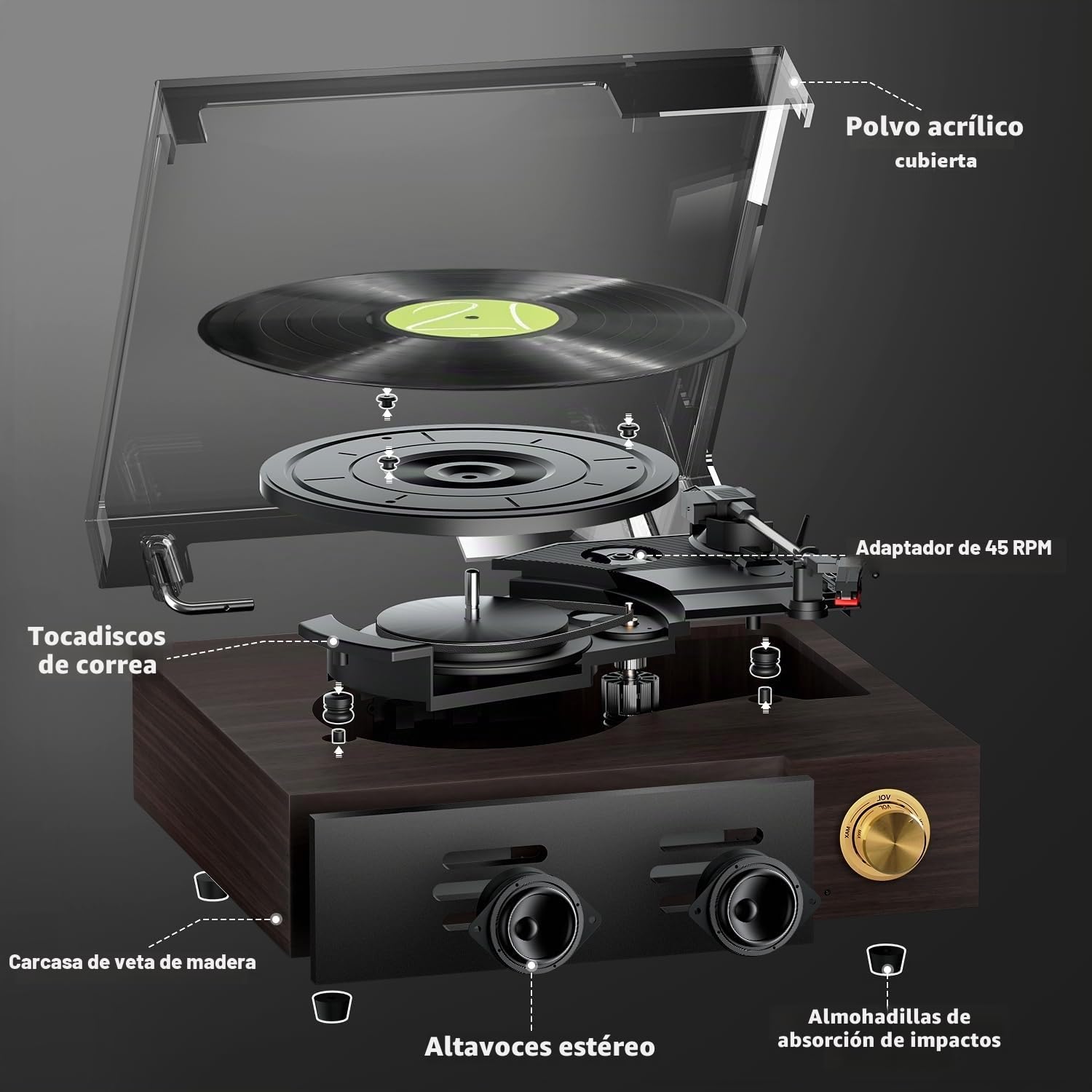 FYDEE Tocadiscos de Vinilo con Altavoces Integrados 6W, Diseño Retro de Madera con Tapa, Reproductor Bluetooth 5.4, 3 Velocidades, Salida RCA para Amplificador Externo, Protección Auto-Stop