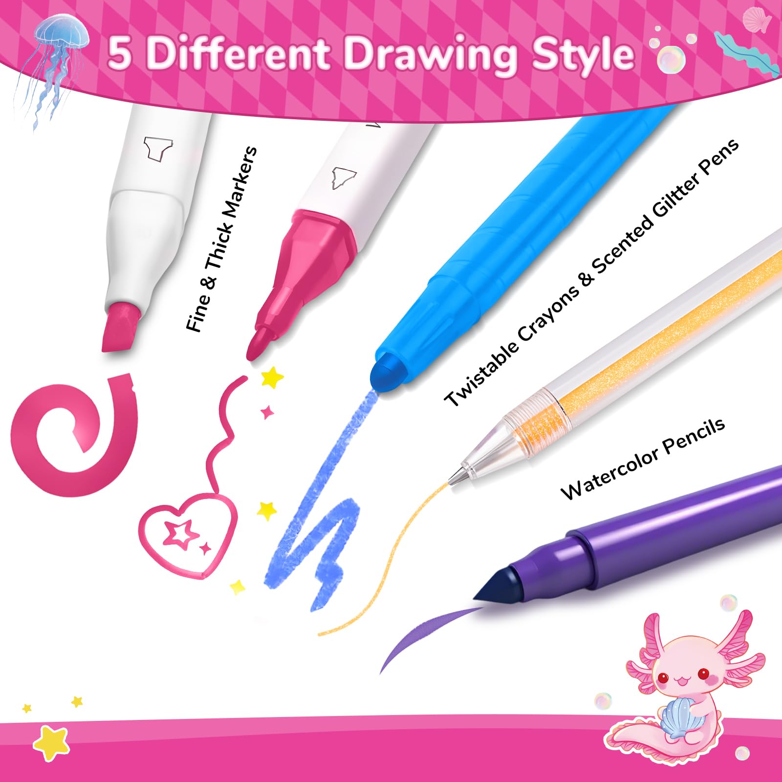 JYPS Washable Colouring Set including Pencil Case, 70 PCS Axolotl Kids Art Pens Set including Scented Glitter Pens,Markers - Image 4