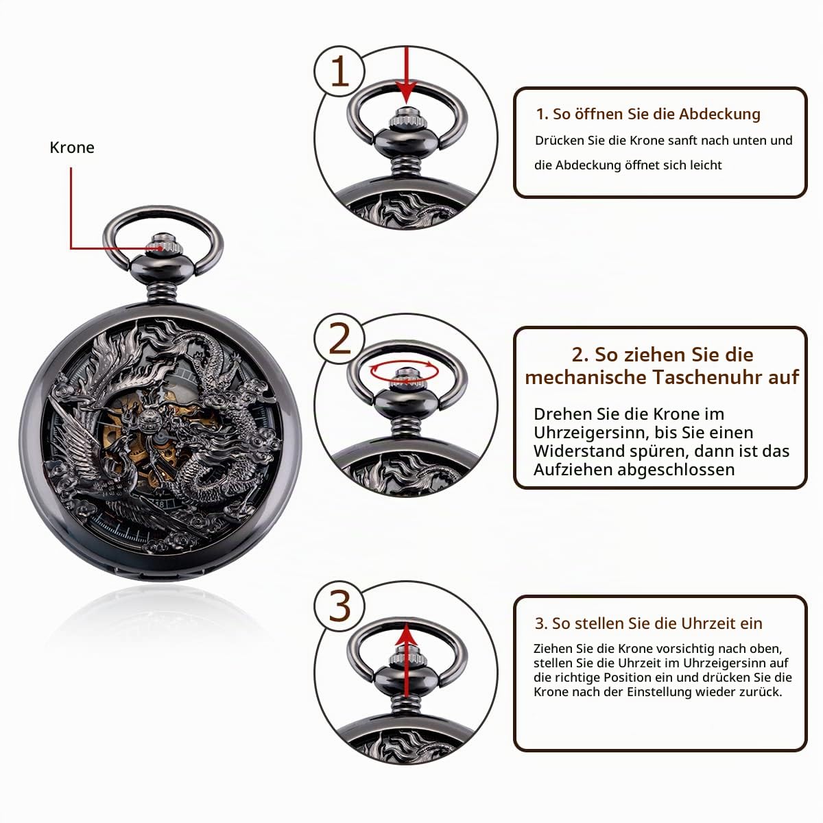 ManChDa Retro Taschenuhr Herren mit Kette analog Handaufzug Drache Phönix Skelett Römische Schwarz